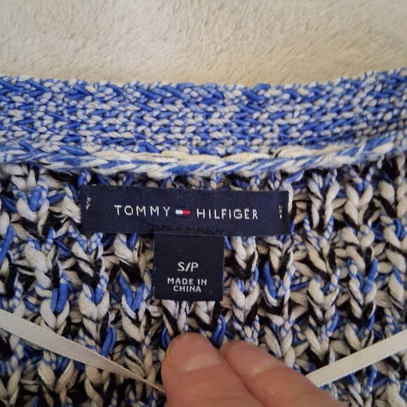 Tommy Hilfiger Women's Size Small Blue White Knit Fringe Open Preppy Cardigan - Picture 6 of 13